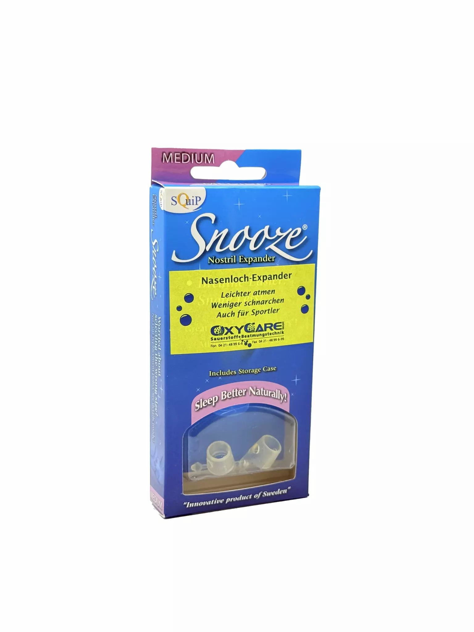 Confezione blu del prodotto con il nome del prodotto Snooze. Contiene un dilatatore nasale e una scatola di conservazione. "MEDIUM" è scritto in alto.