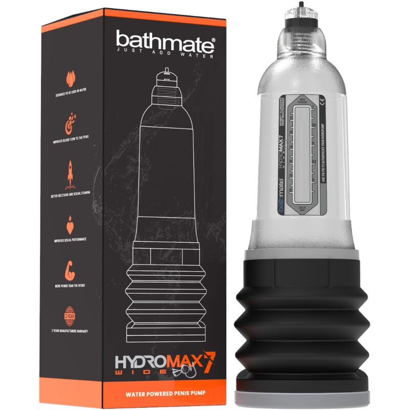 Bathmate Hydromax7 Wide Boy con confezione. Cilindro trasparente con soffietto nero.