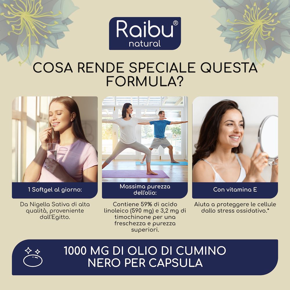 Tre foto di persone. Testo: 1000 mg di Olio di Cumino Nero per capsula. Raibu natural. Informazioni su ingredienti e utilizzo.