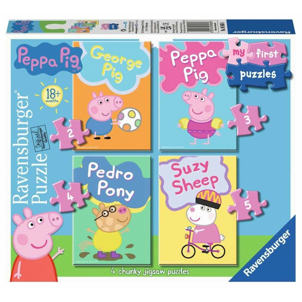 Scatola puzzle Ravensburger con Peppa Pig. Contiene quattro puzzle da 2-5 pezzi. Età: 18+ mesi. La confezione mostra i puzzle.