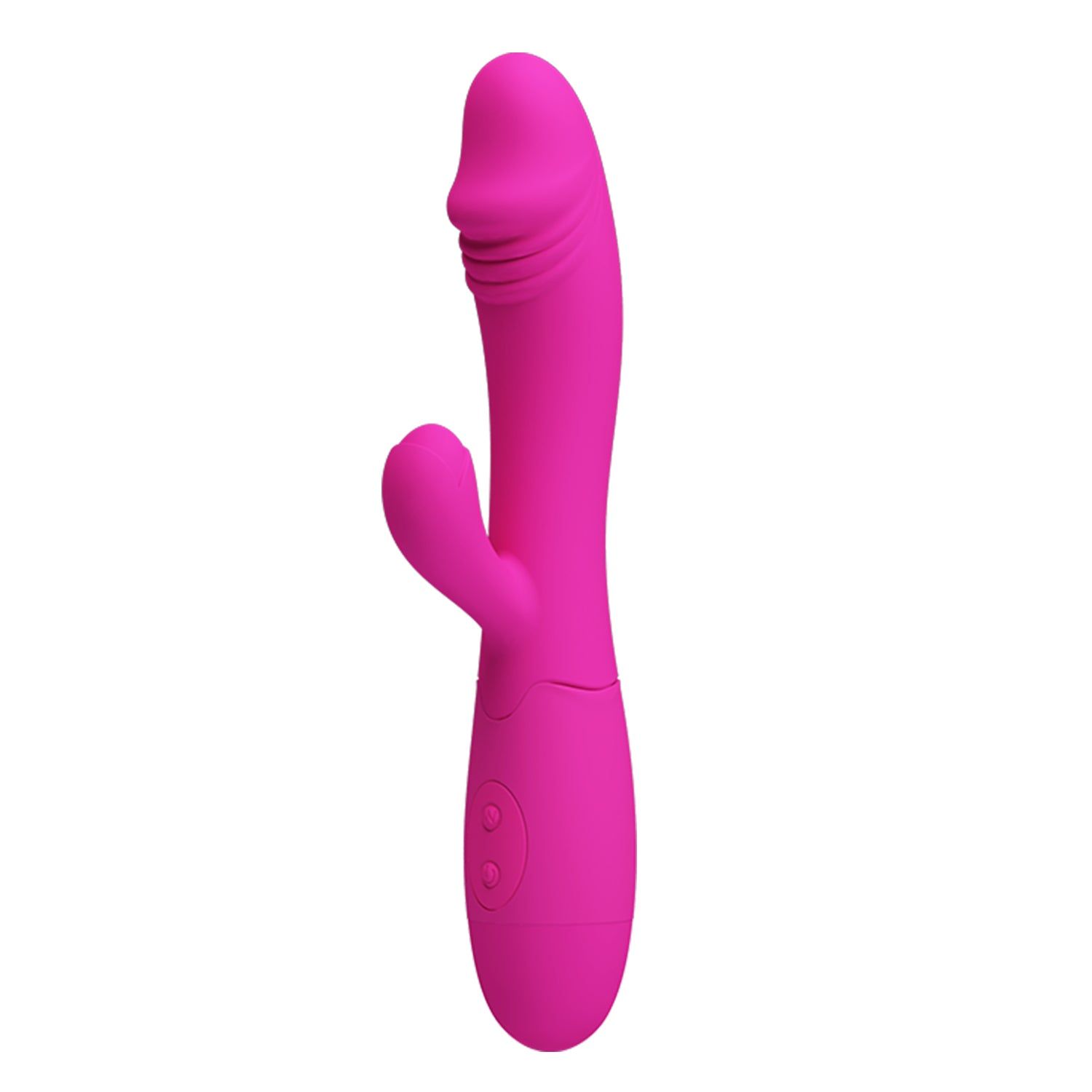 Vibratore rosa con forma curva e due pulsanti. Presenta una parte curva e un elemento laterale più piccolo.
