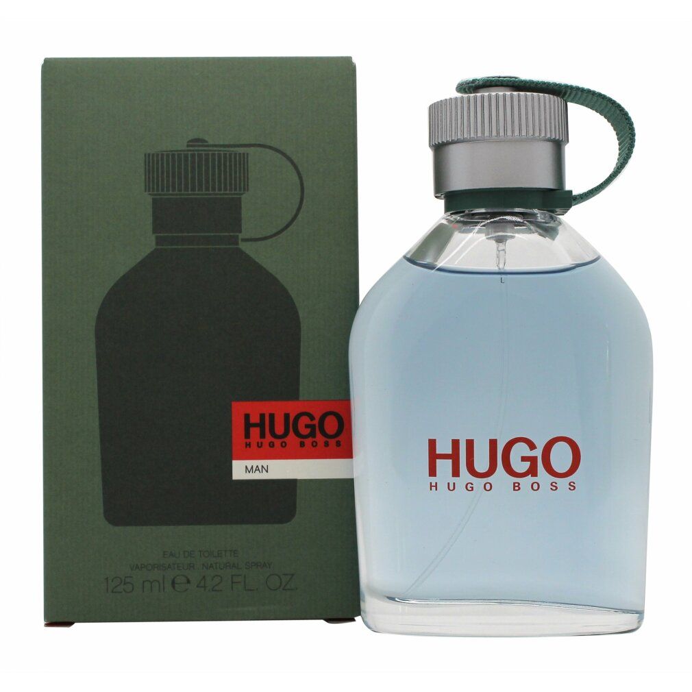 Hugo Boss Hugo Eau de Toilette. Flacone e confezione. Flacone con tappo argentato e cinturino verde. Scritte rosse.