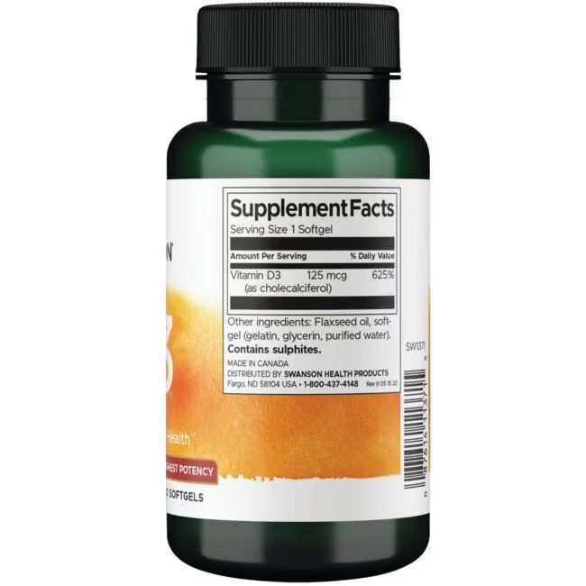 Retro del flacone verde. Etichetta con informazioni nutrizionali: vitamina D3, 125 mcg. Contiene solfiti.