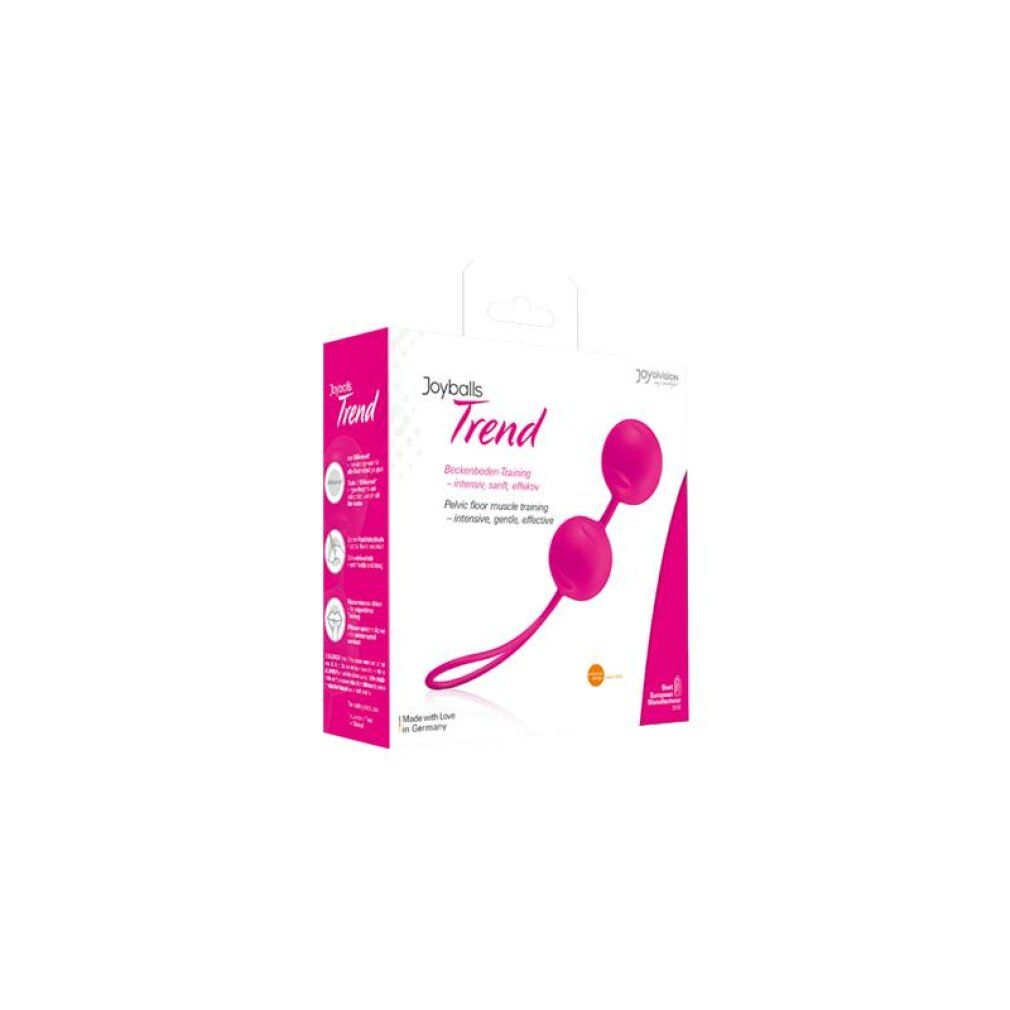 Confezione di Joyballs Trend rosa. Due sfere collegate con cordino e anello. Testo: Allenamento del pavimento pelvico.