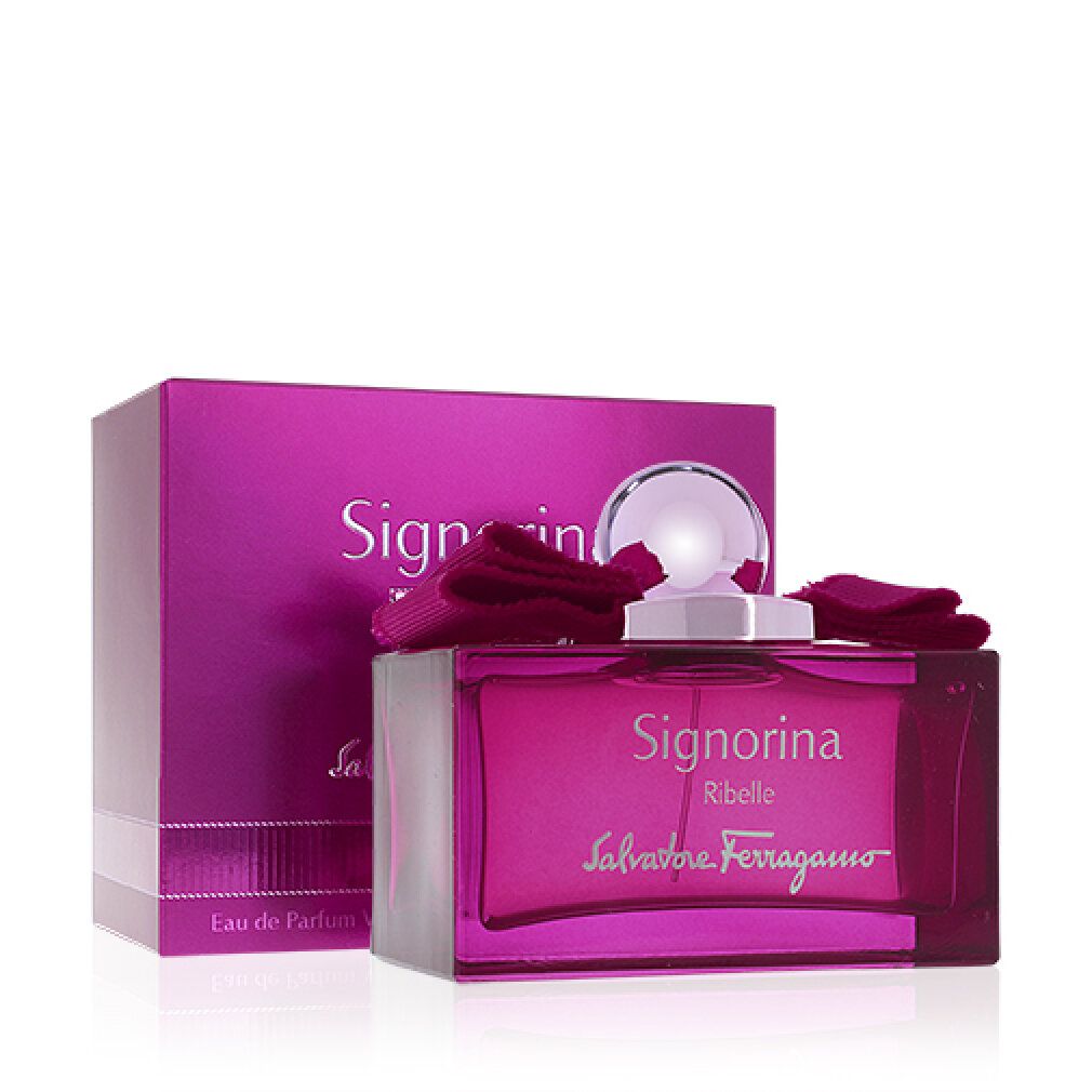 Flacone rosa con fiocco e confezione. Scritta Signorina Ribelle e Salvatore Ferragamo.
