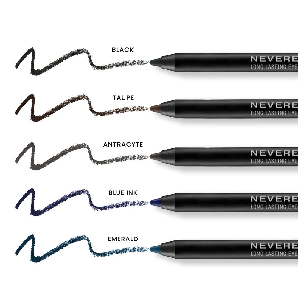 Matite occhi Mia Makeup Neverending in nero, talpa, antracite, blu inchiostro e smeraldo. Tratti di colore accanto.