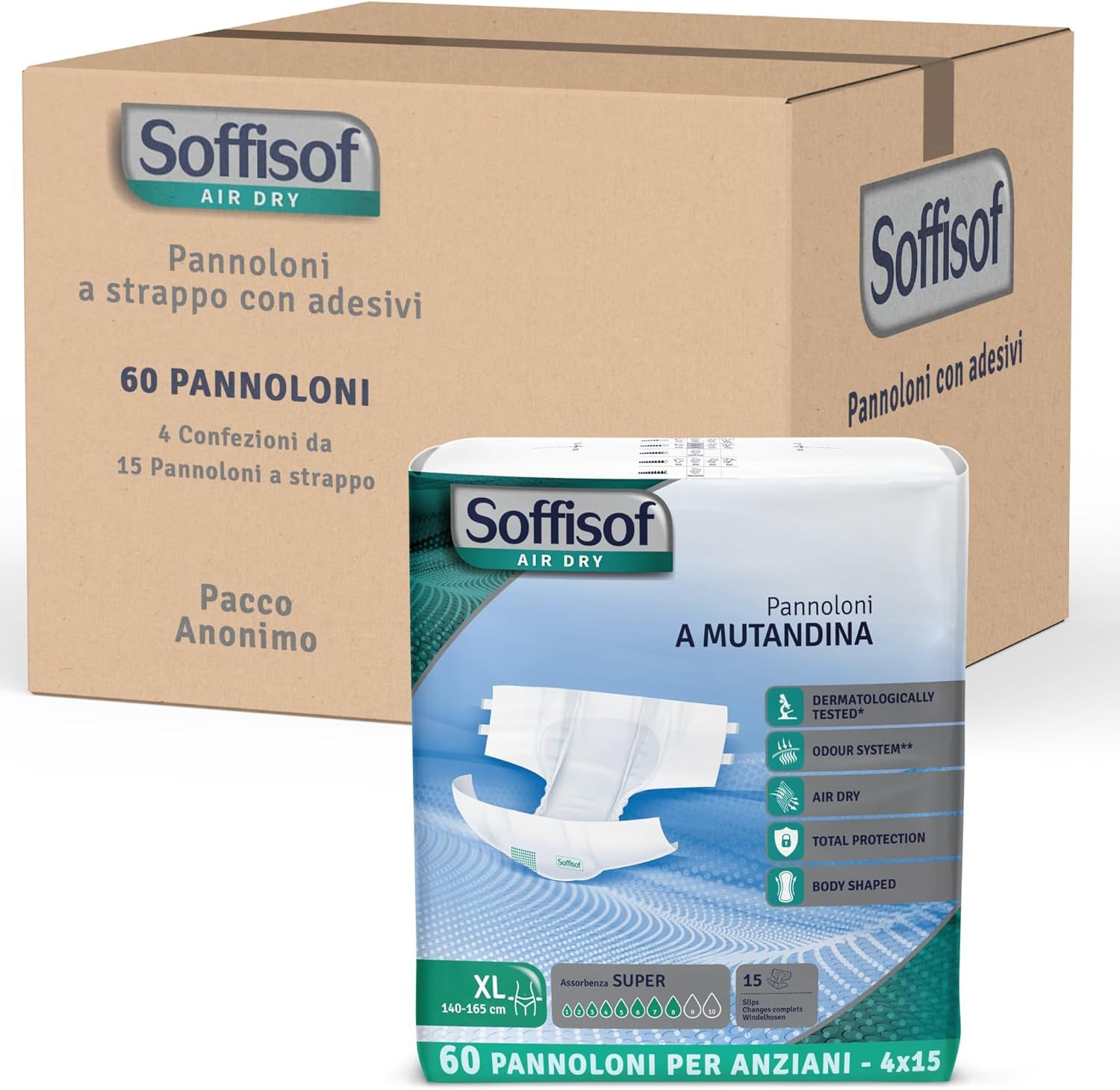 Soffisof Air Dry Super. Confezione da 60. Scatola con altre confezioni. Scritto: Pannoloni a strappo con adesivi.
