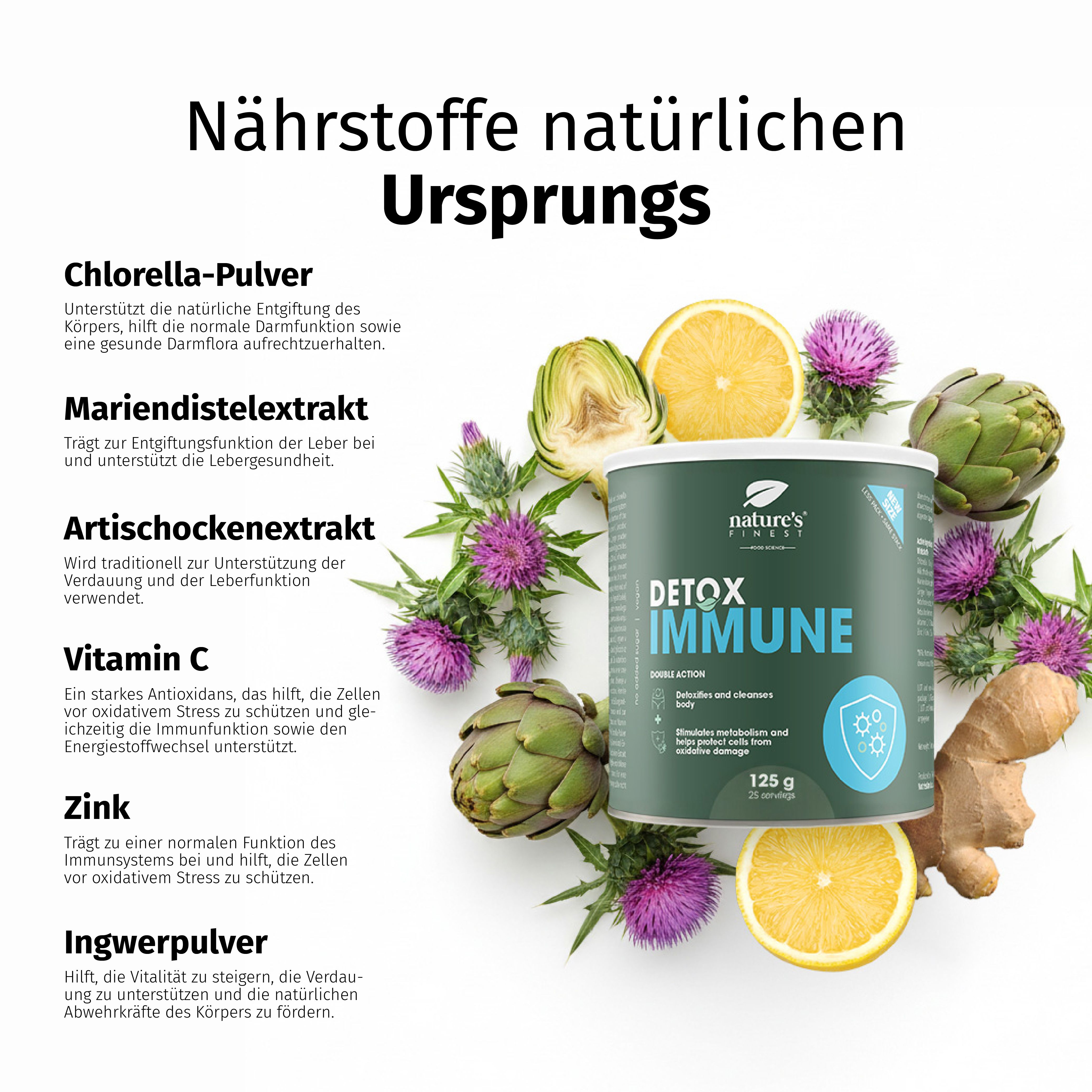 Barattolo Nature's Finest Detox Immune circondato da clorella, cardo mariano, carciofo, limone e zenzero.