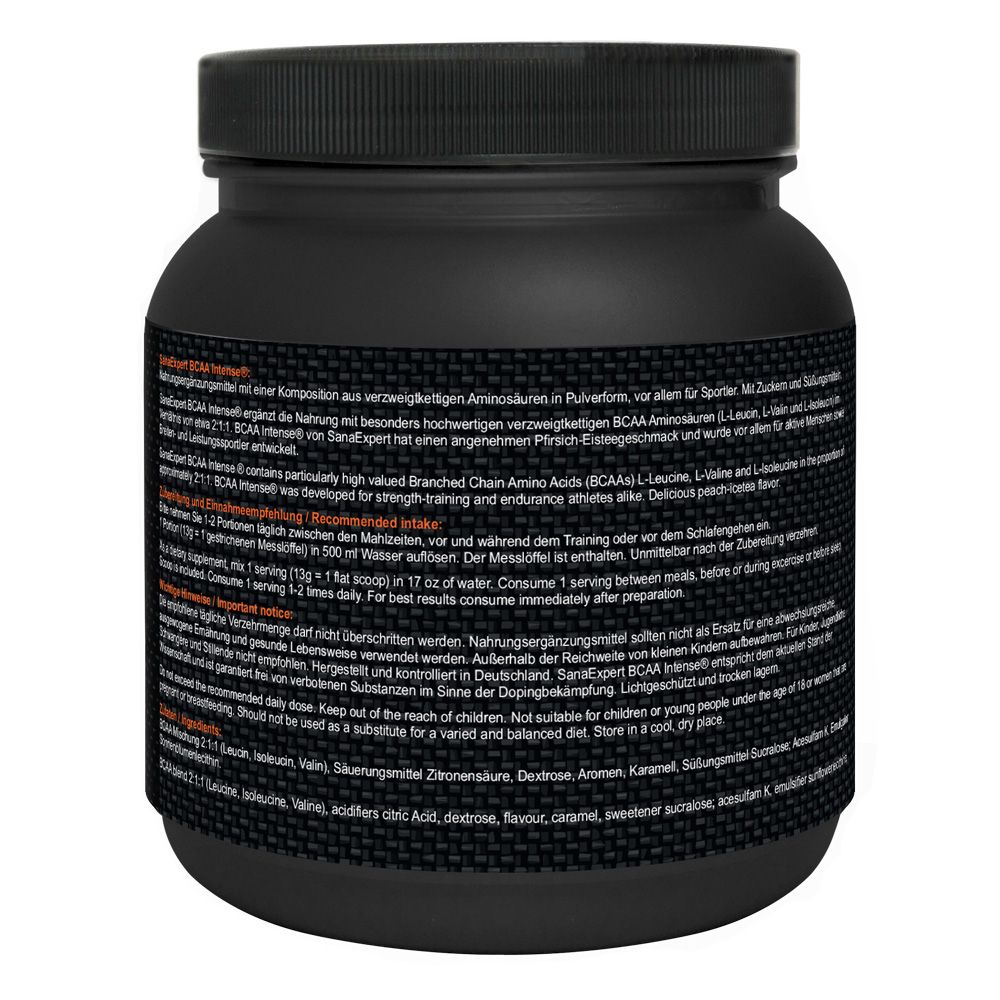 Retro di un contenitore in polvere SanaExpert BCAA Intense con istruzioni dettagliate per l'uso.