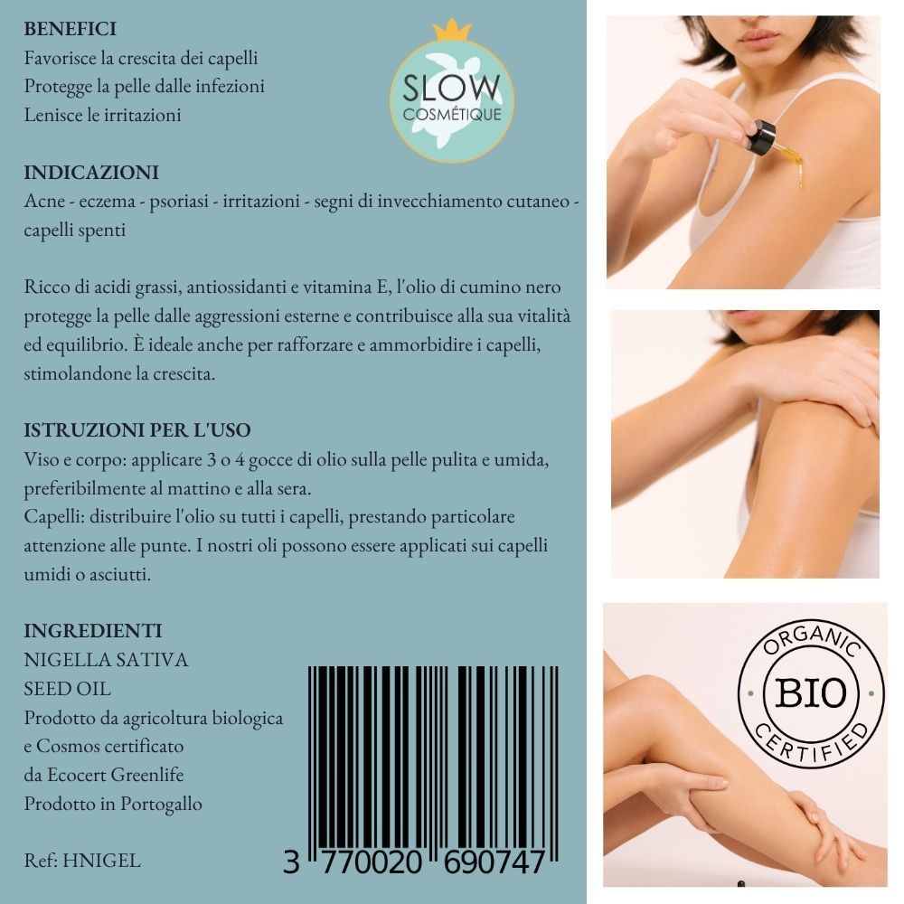 Retro confezione prodotto. Testo su benefici, indicazioni, uso, ingredienti. Certificazione bio.