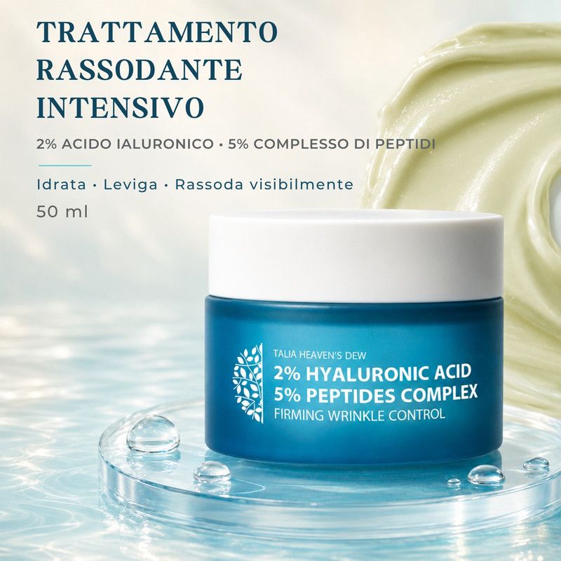 Un vasetto blu con 2% acido ialuronico 5% complesso peptidico controllo rughe rassodante.