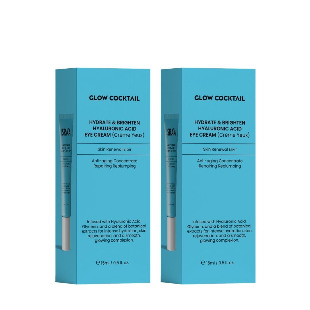 Due confezioni blu con testo. Scritto: Glow Cocktail, Hydrate & Brighten Hyaluronic Acid Eye Cream. Contiene un tubetto.