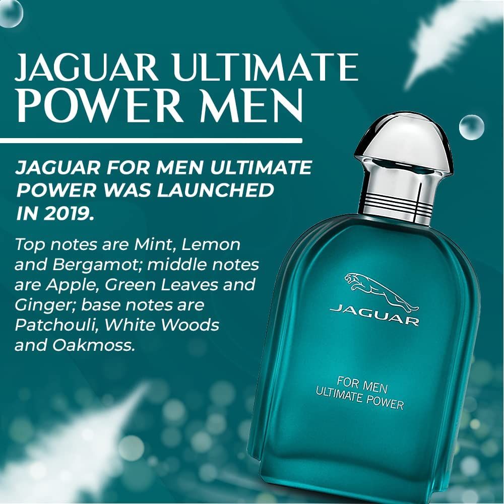 Flacone di profumo con tappo argentato. Scritta: Jaguar, For Men, Ultimate Power. Sfondo con testo.