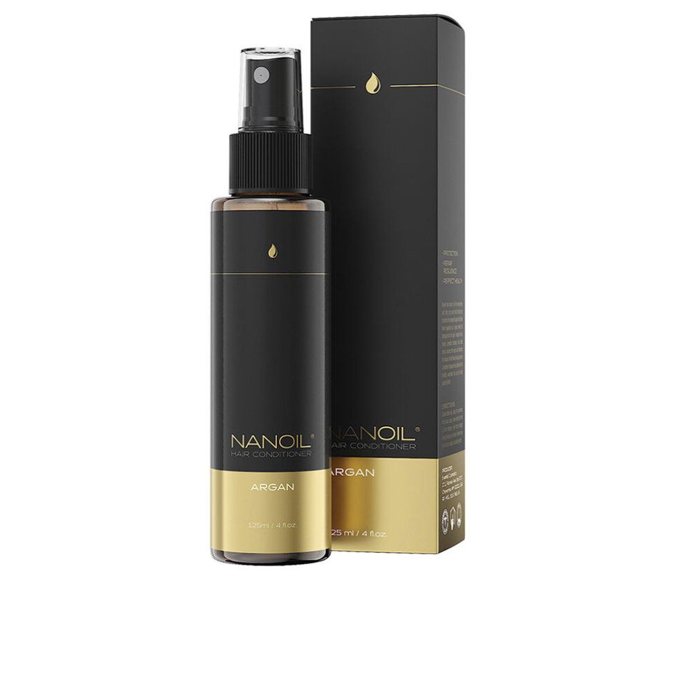 Flacone nero con vaporizzatore e dettagli dorati. Scritta: Nanolash Hair Conditioner Argan. Confezione verticale accanto.