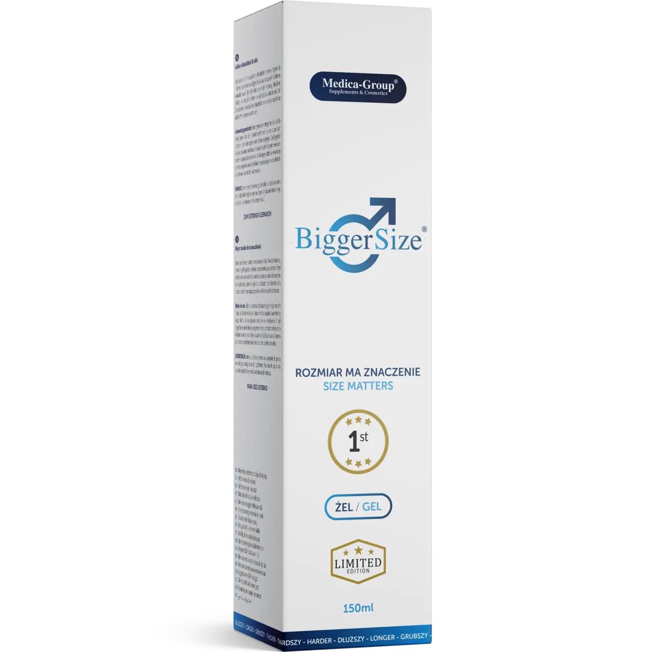 Confezione per gel. Scritta "BiggerSize", "Zel/Gel", "1st". Logo e testo sulla confezione. Sfondo bianco.