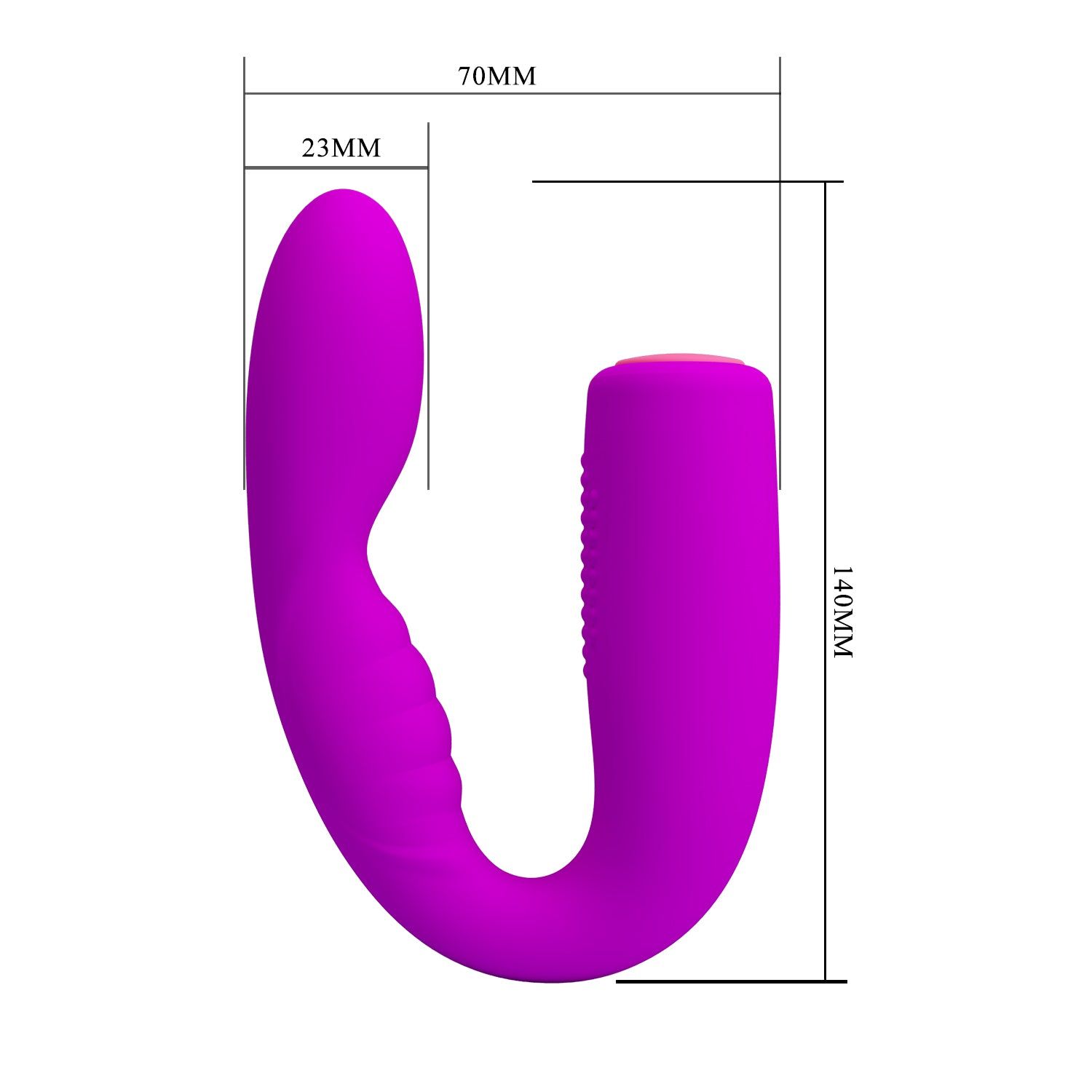 Prodotto viola a forma di U. Dimensioni: 140mm lungo, 70mm largo, 23mm spesso. Accento rosa.