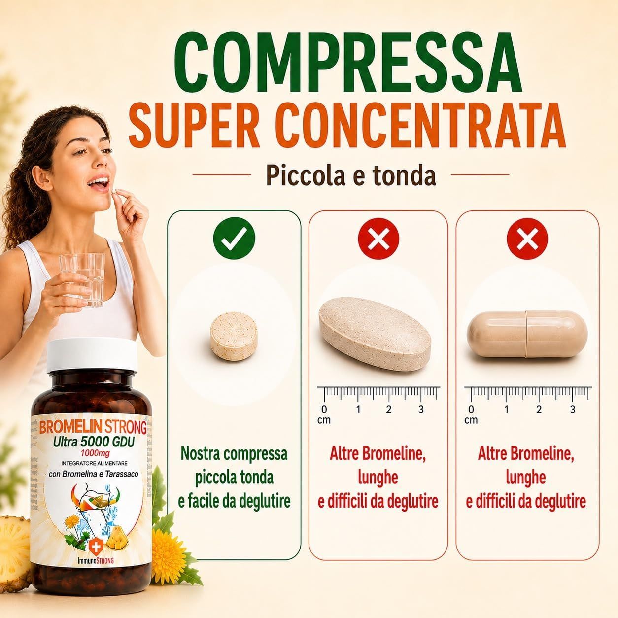Donna che prende compressa, flacone Immunostrong Bromelina Forte, confronto compresse.