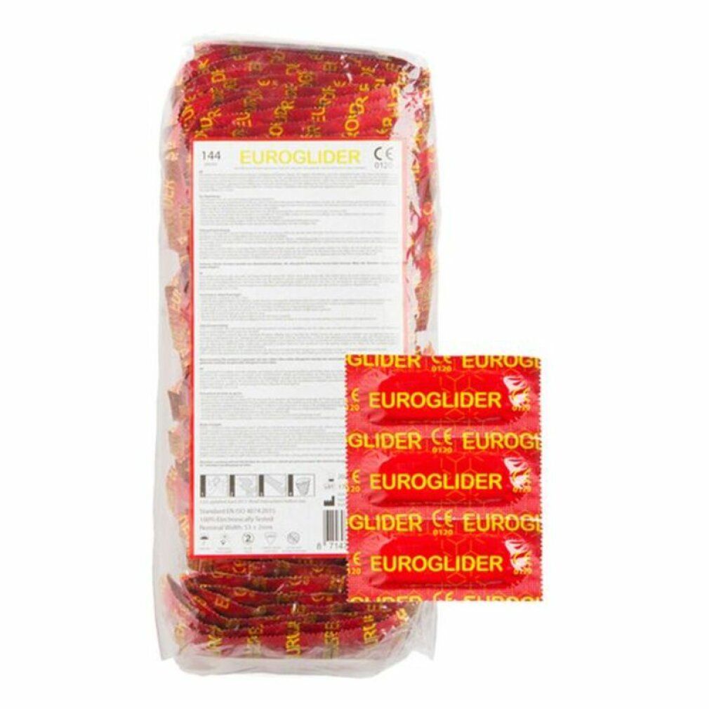 Confezione trasparente con 144 preservativi Euroglider. Preservativi confezionati singolarmente in pellicola rossa. Nome e marchio CE.
