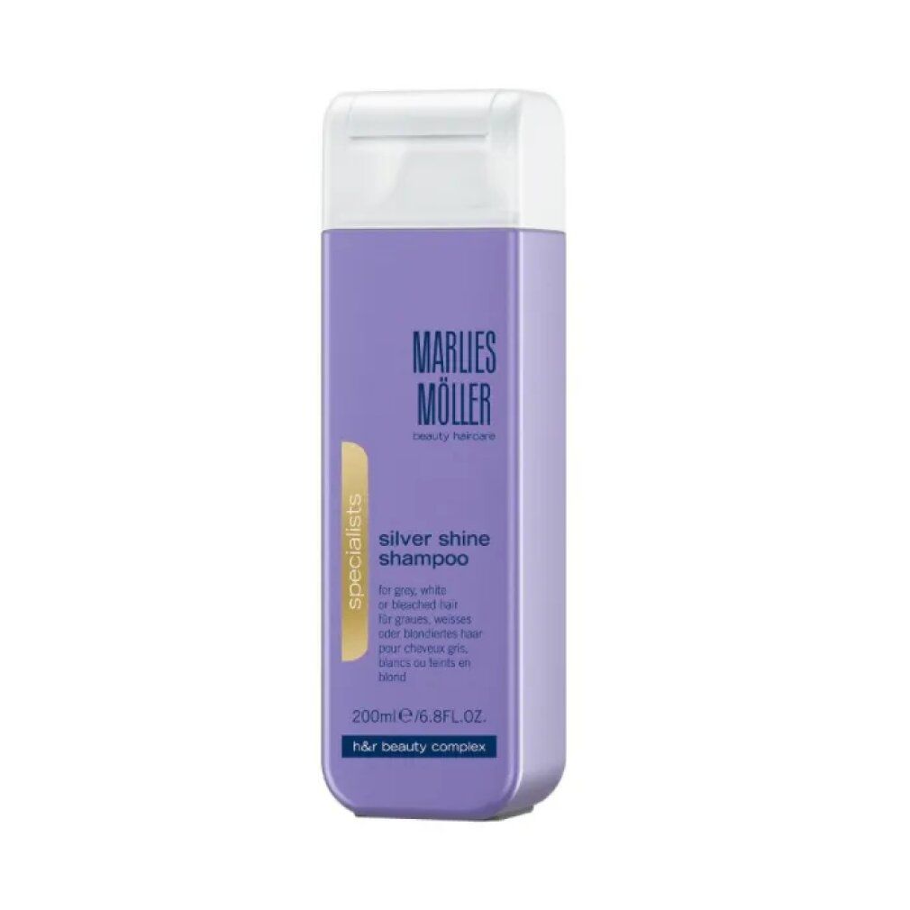 Marlies Möller Silver Shine Shampoo. Flacone lilla con tappo bianco. Testo: Silver Shine Shampoo, per capelli grigi, bianchi o decolorati.