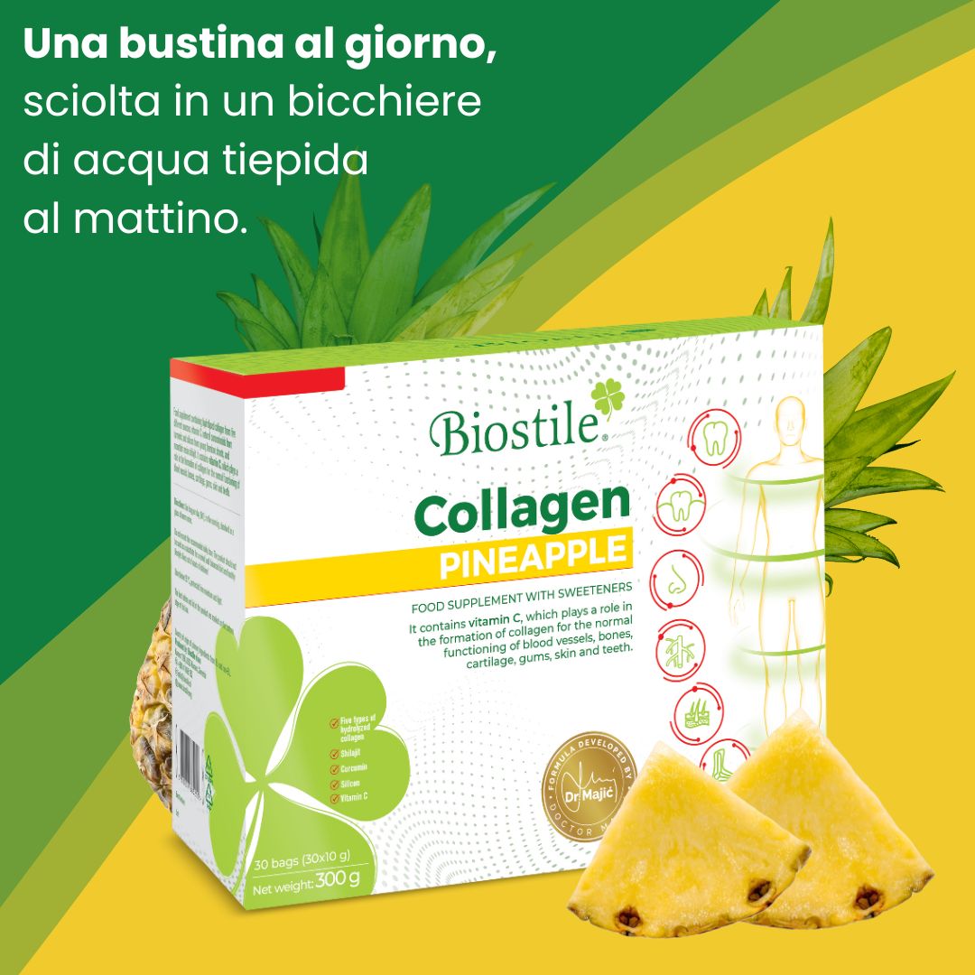 Confezione Biostile Collagen Pineapple. Una bustina al giorno, sciogliere in acqua. Pezzi di ananas.