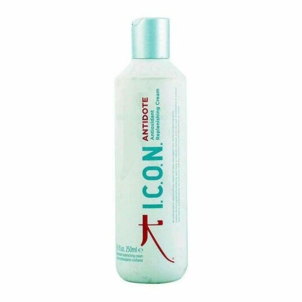 Flacone bianco con tappo azzurro. Scritta: I.C.O.N. Antidote Antioxidant Replenishing Cream. Scritta e logo rossi.