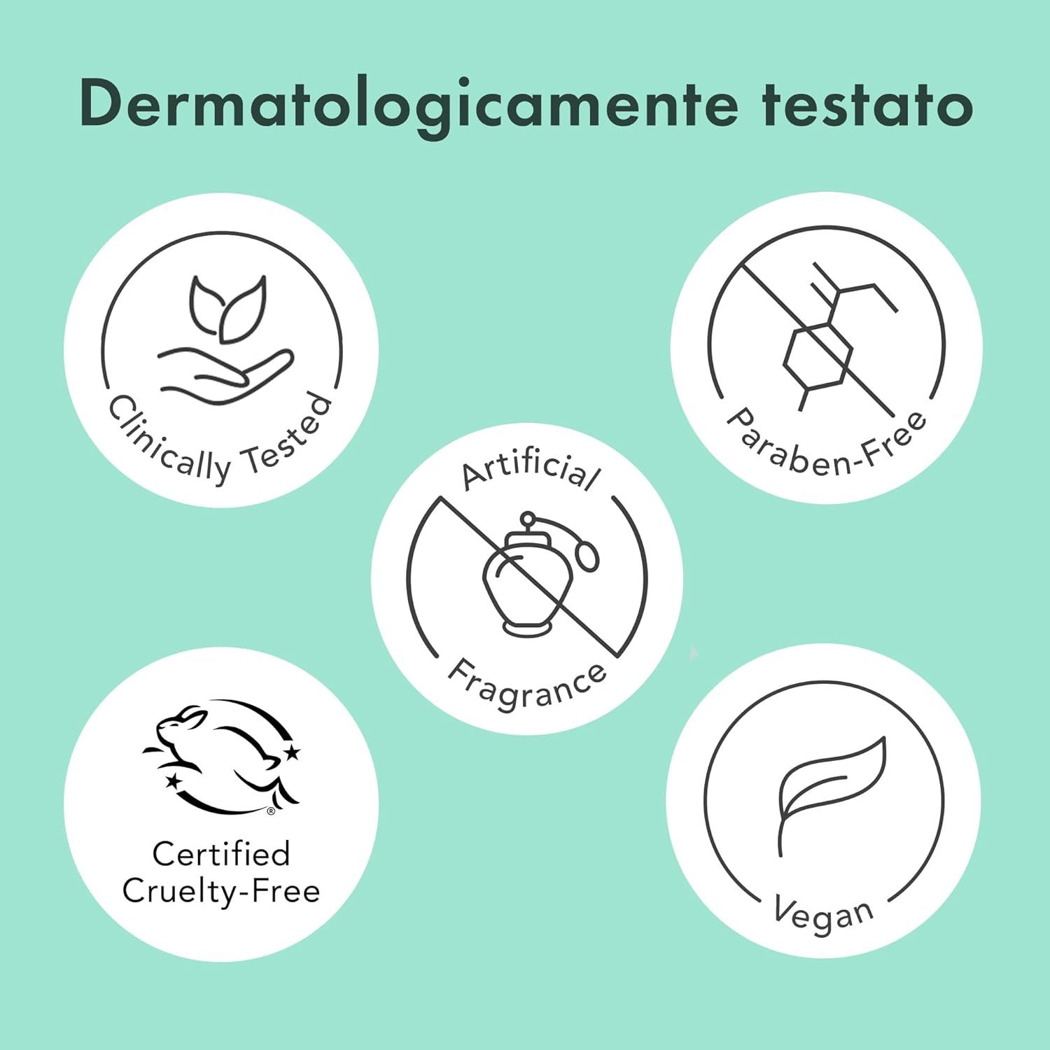 Loghi circolari. Testo: Dermatologicamente testato. Clinicamente testato, senza parabeni, senza profumo artificiale, vegano, cruelty-free.