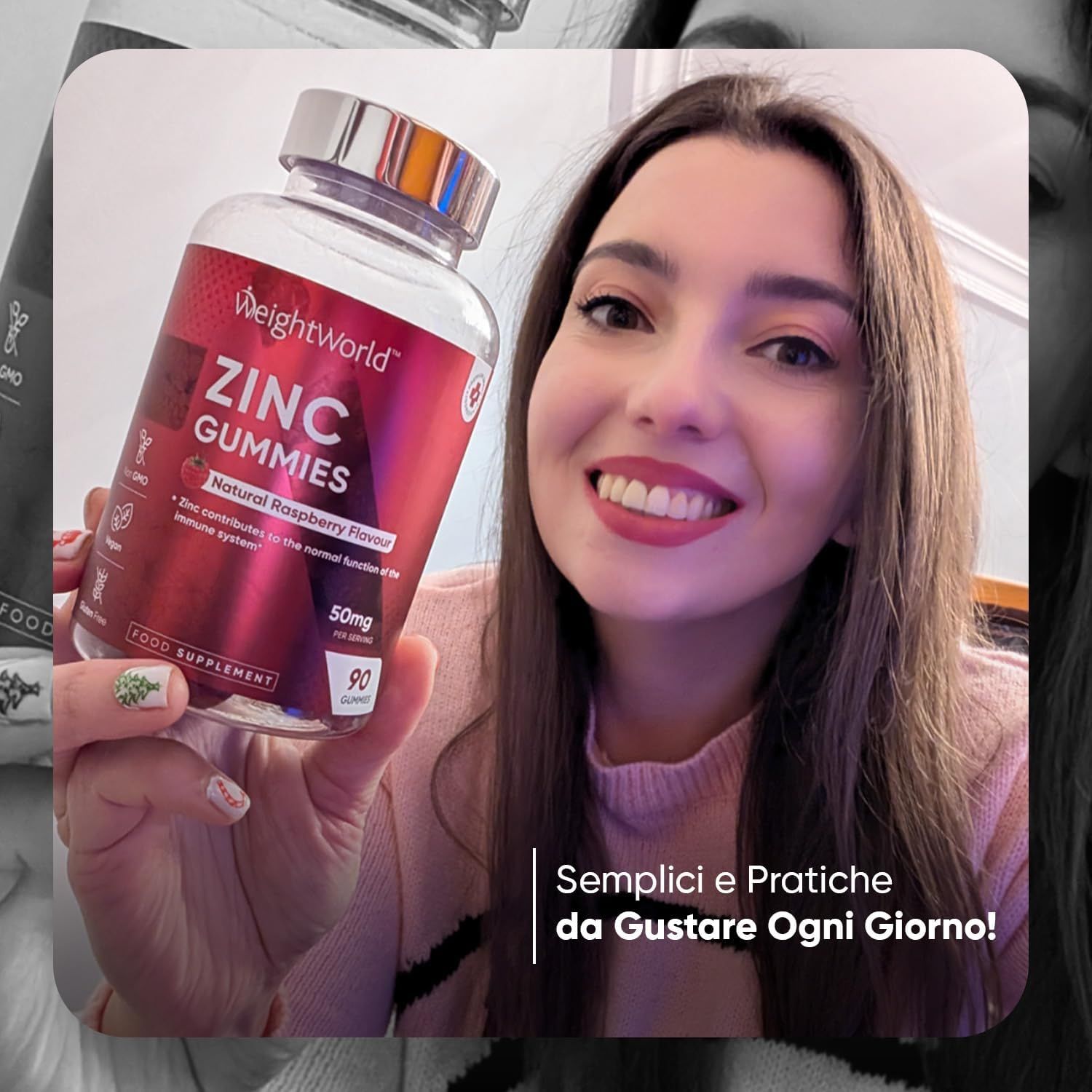 Donna tiene flacone WeightWorld Zink Gummies. Sorride. Testo: Semplici e pratiche da gustare ogni giorno!