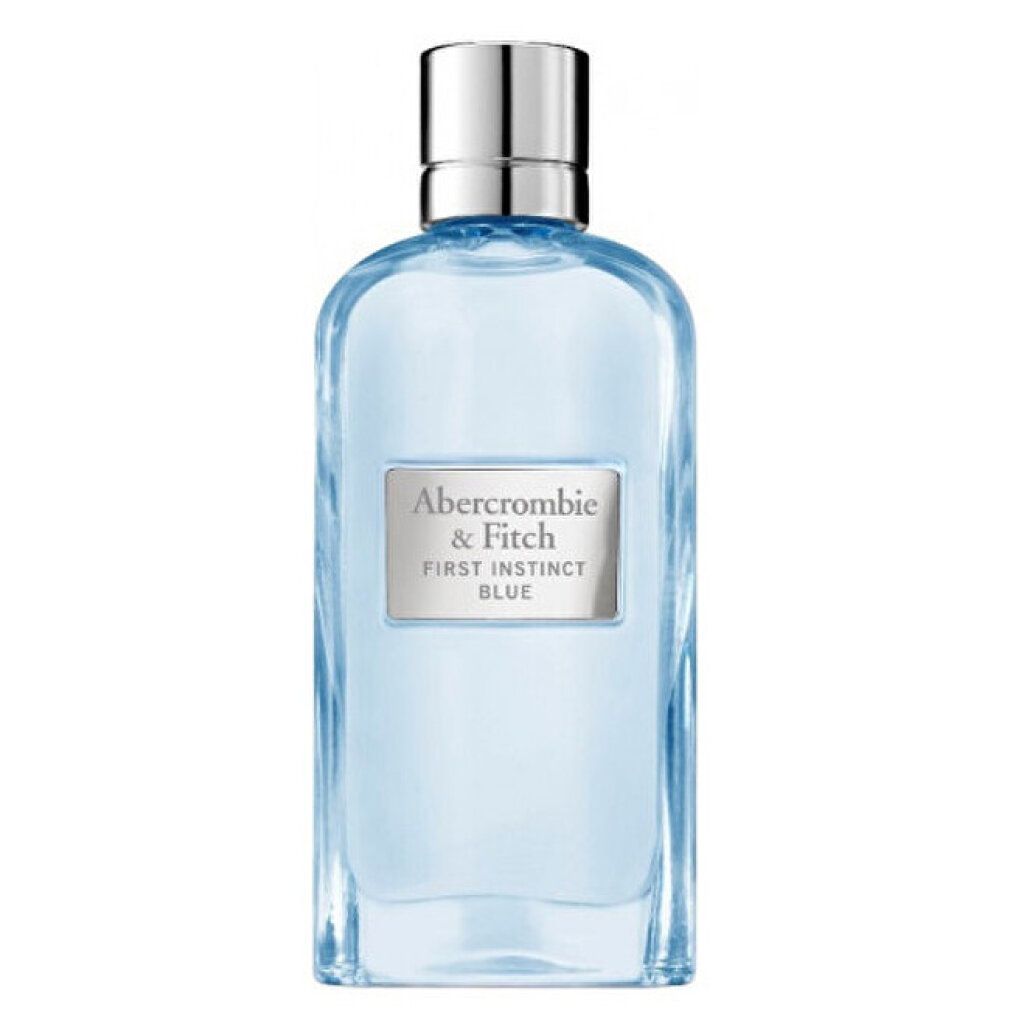 Flacone di profumo azzurro chiaro con tappo argentato. Scritta: Abercrombie & Fitch, First Instinct Blue.