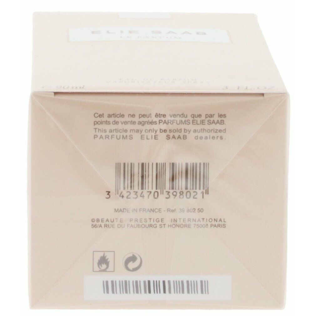 Parte inferiore della confezione. Codice a barre e testo: Cet article ne peut être vendu que par les points de vente agréés PARFUMS ELIE SAAB. Made in France.