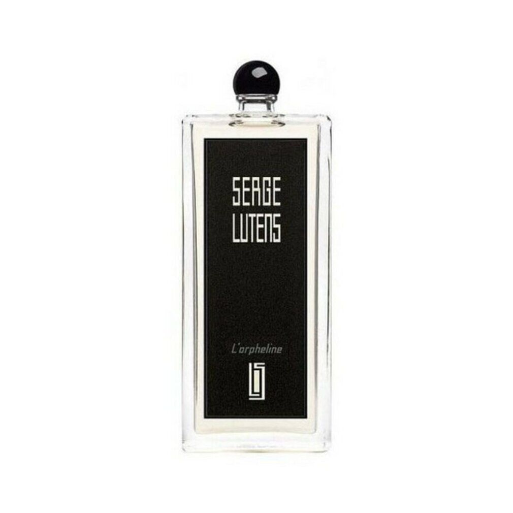 Flacone rettangolare con etichetta nera. Scritta: Serge Lutens, L'orpheline. Tappo nero.