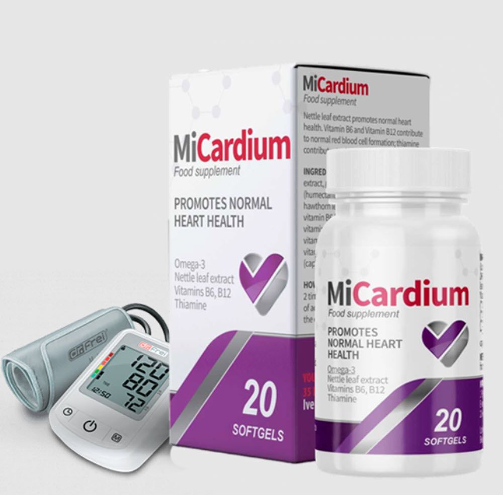 Integratore MiCardium. Flacone e scatola con 20 softgel. Misuratore di pressione accanto.