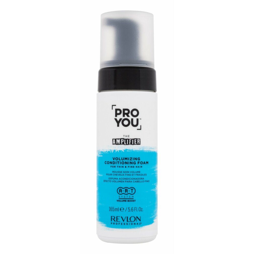 Flacone bianco con etichetta nera e blu. Scritta: PRO YOU THE AMPLIFIER, Volumizing Conditioning Foam. 165ml.