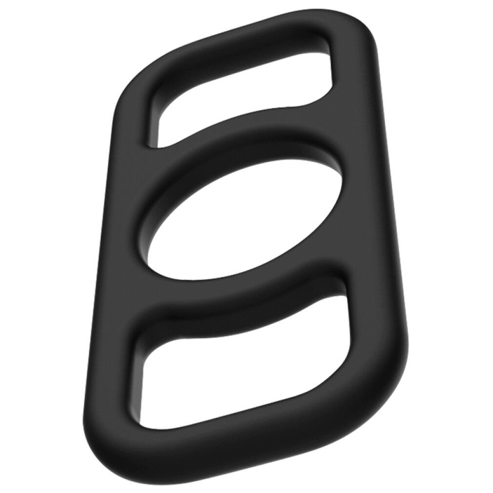 Un anello per il pene nero in silicone con tre aperture. Forma rettangolare con angoli arrotondati.