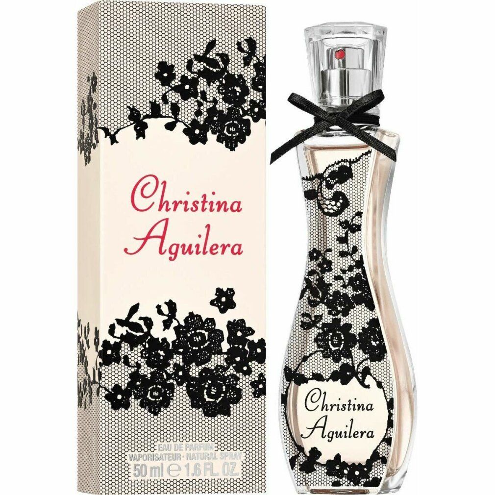 Flacone e confezione di Eau de Parfum Christina Aguilera con pizzo nero.