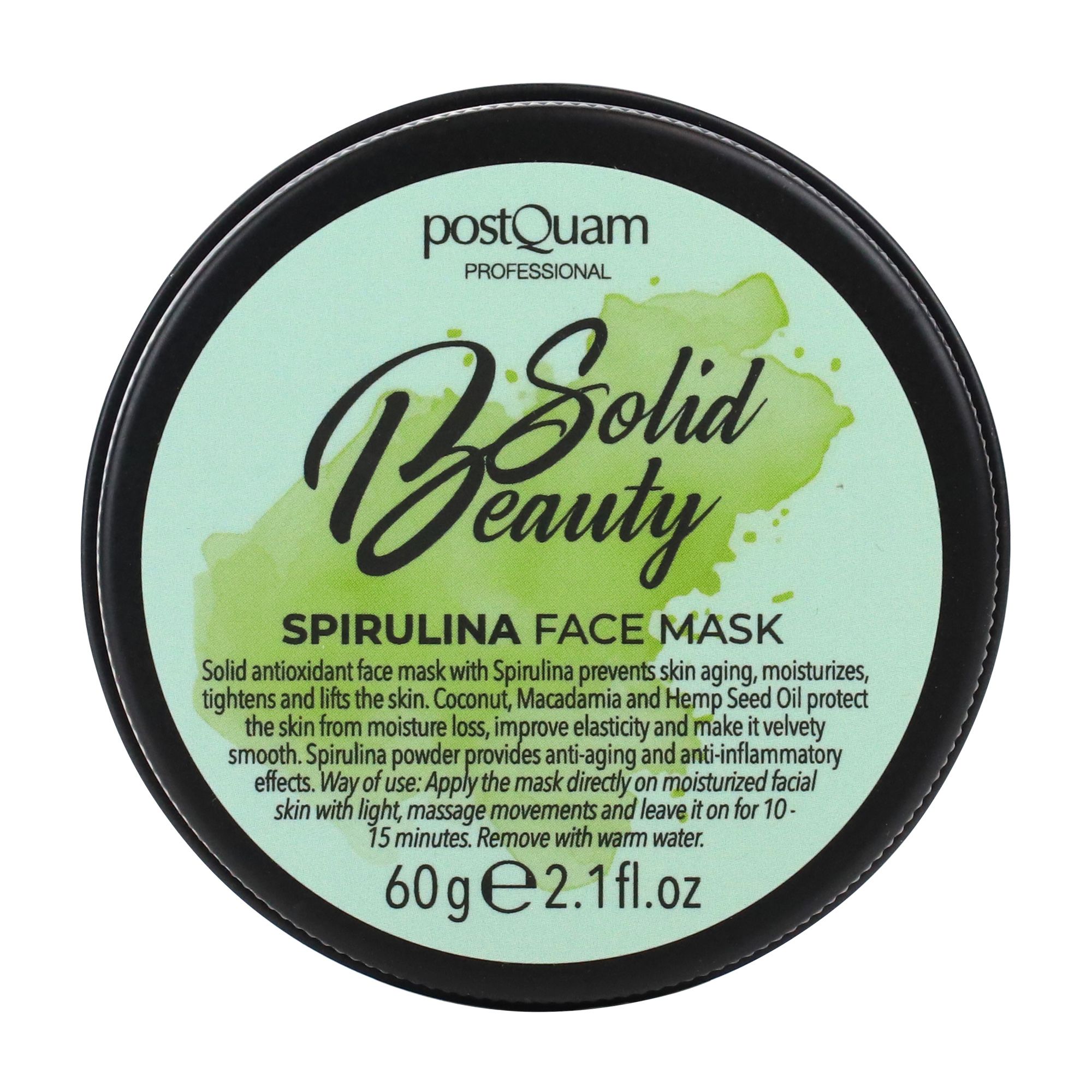 Barattolo con coperchio di maschera viso verde. Testo 'Solid Beauty' e 'Spirulina Face Mask'. Contenitore nero, testo verde.