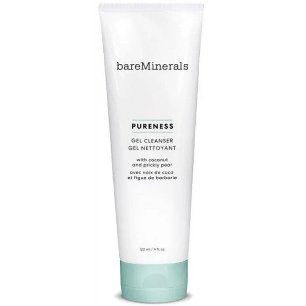 Tubo bianco con base verde. Scritta: bareMinerals, PURENESS, GEL CLEANSER, GEL NETTOYANT.