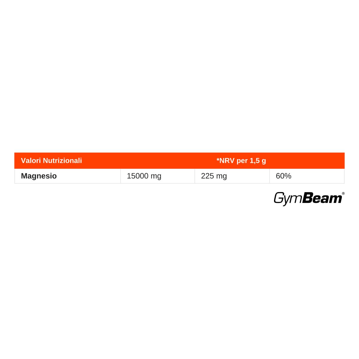 Valori nutrizionali GymBeam Magnesio Citrato: 15000 mg di magnesio per 1,5 g.