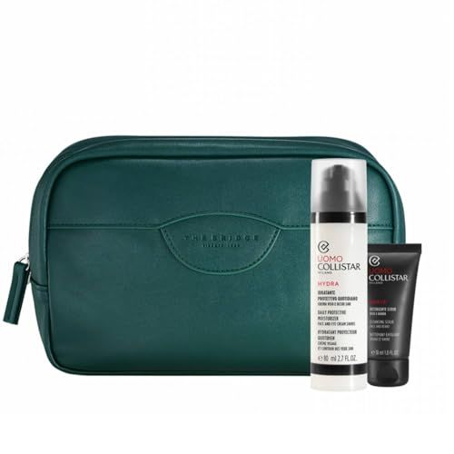 Beauty case verde con due prodotti: crema viso e scrub barba. Scritte bianche e nere.