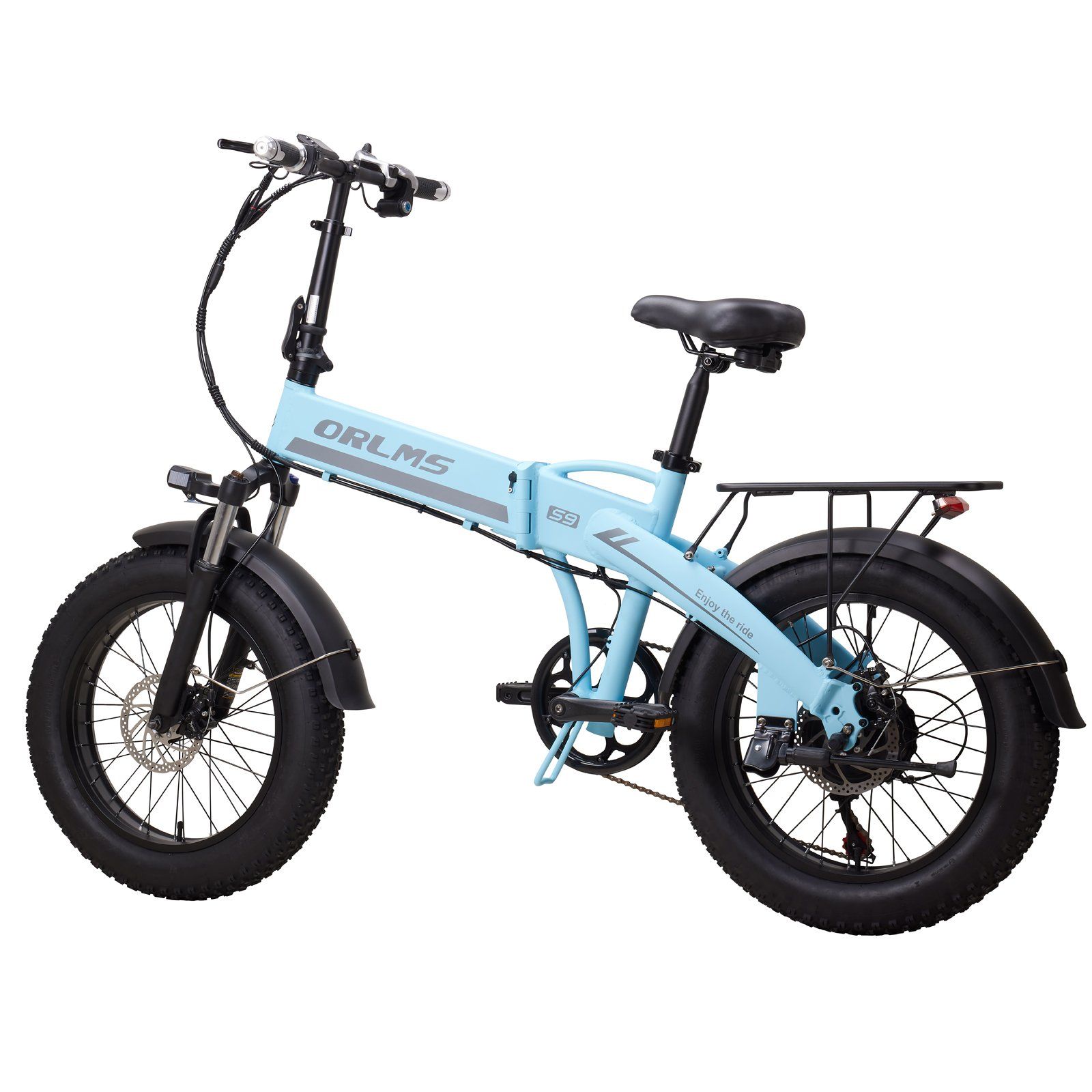 Bicicletta elettrica pieghevole azzurra, vista laterale. Pneumatici larghi, dettagli neri, portapacchi. Logo ORLMS.