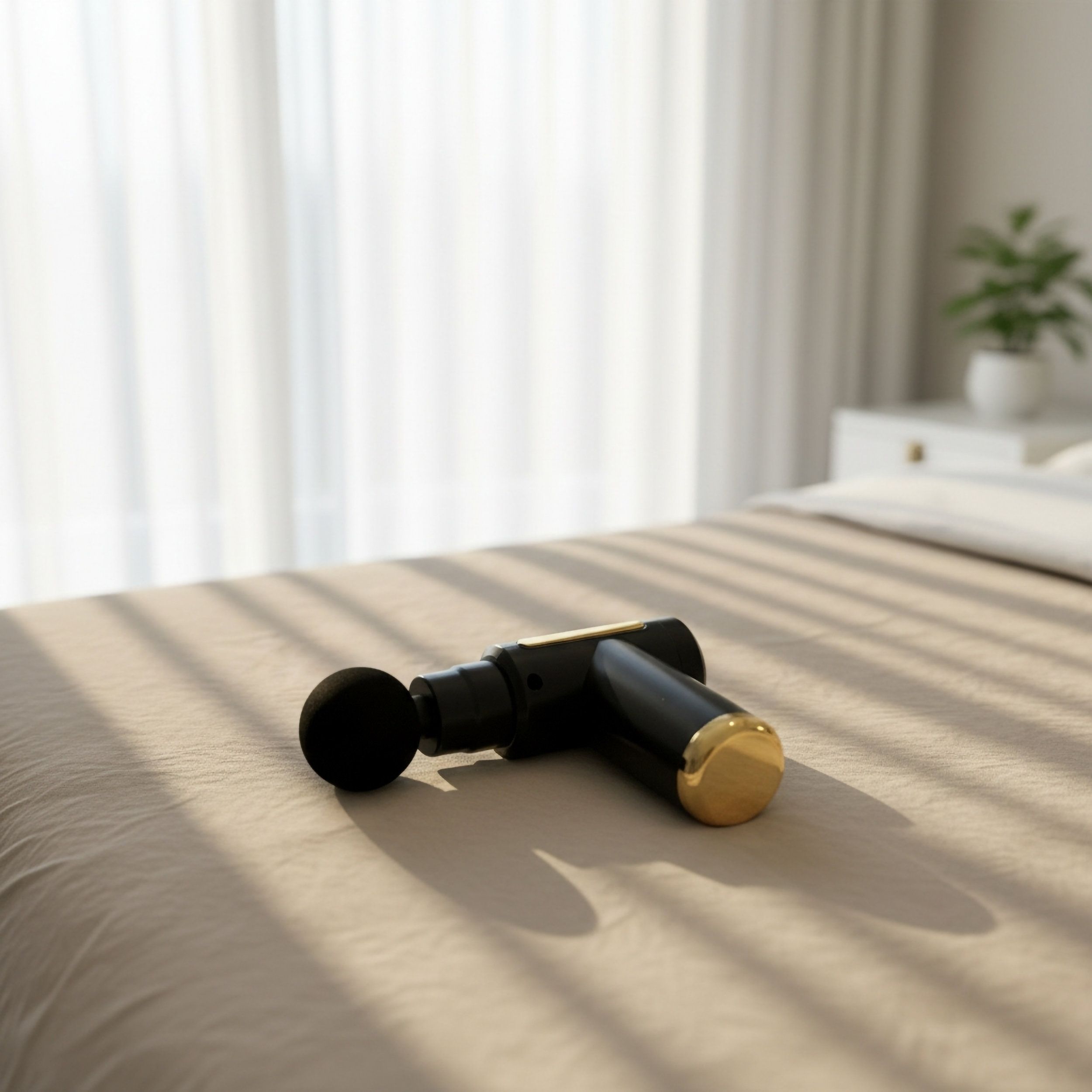 Dispositivo di massaggio nero con dettagli dorati appoggiato su un letto. Tende sullo sfondo.