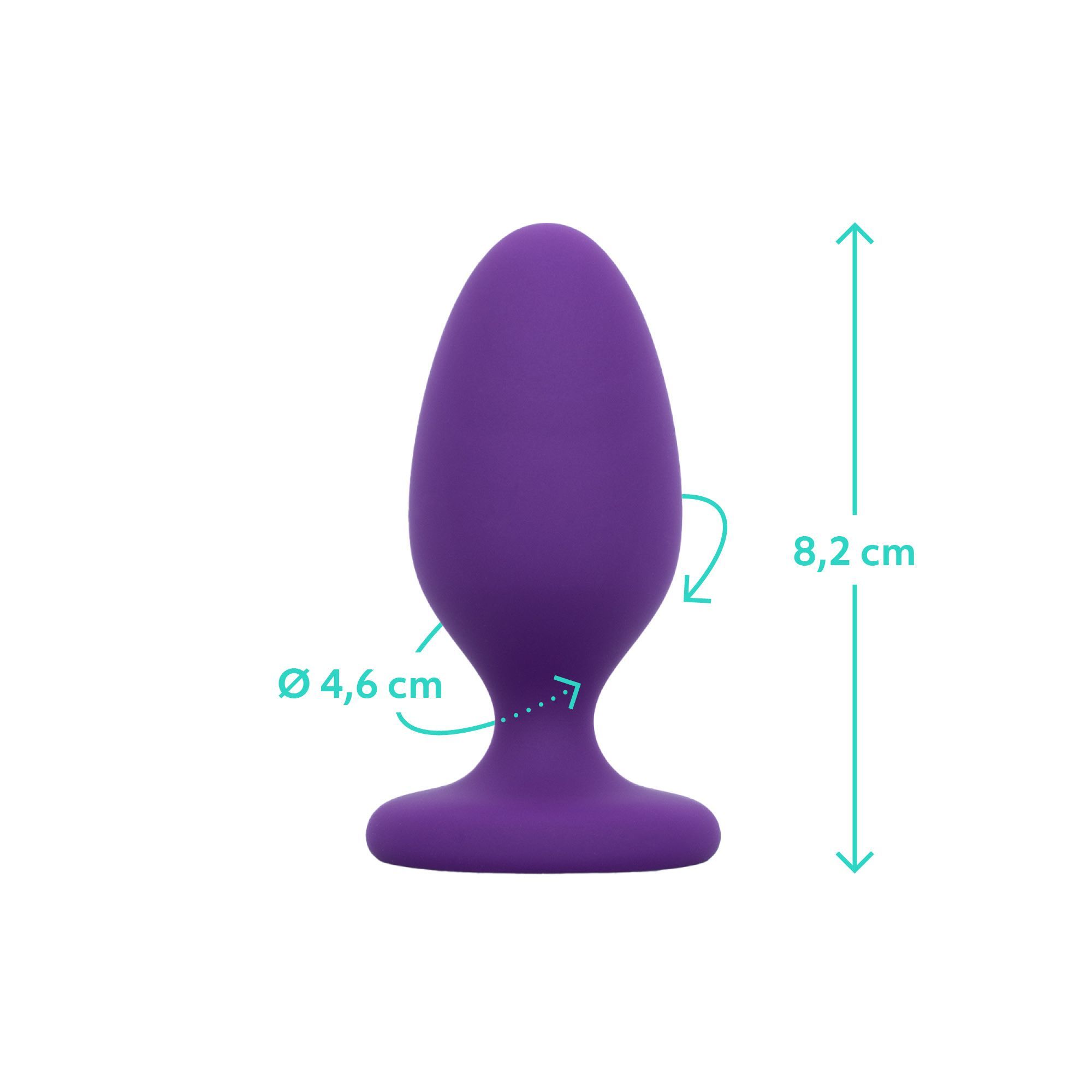 Plug anale viola con misure: 8,2 cm di lunghezza, Ø 4,6 cm.