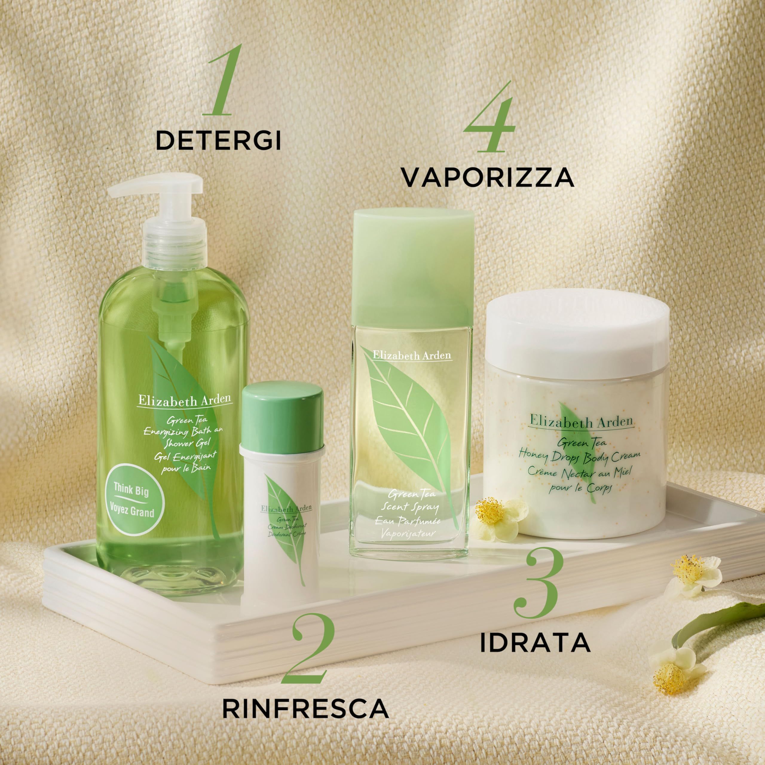 Vassoio con prodotti. Scritta: Elizabeth Arden. Prodotti: Gel doccia, deodorante, flacone, crema corpo. Testo: DETERGI, RINFRASCA, IDRATA, VAPORIZZA.