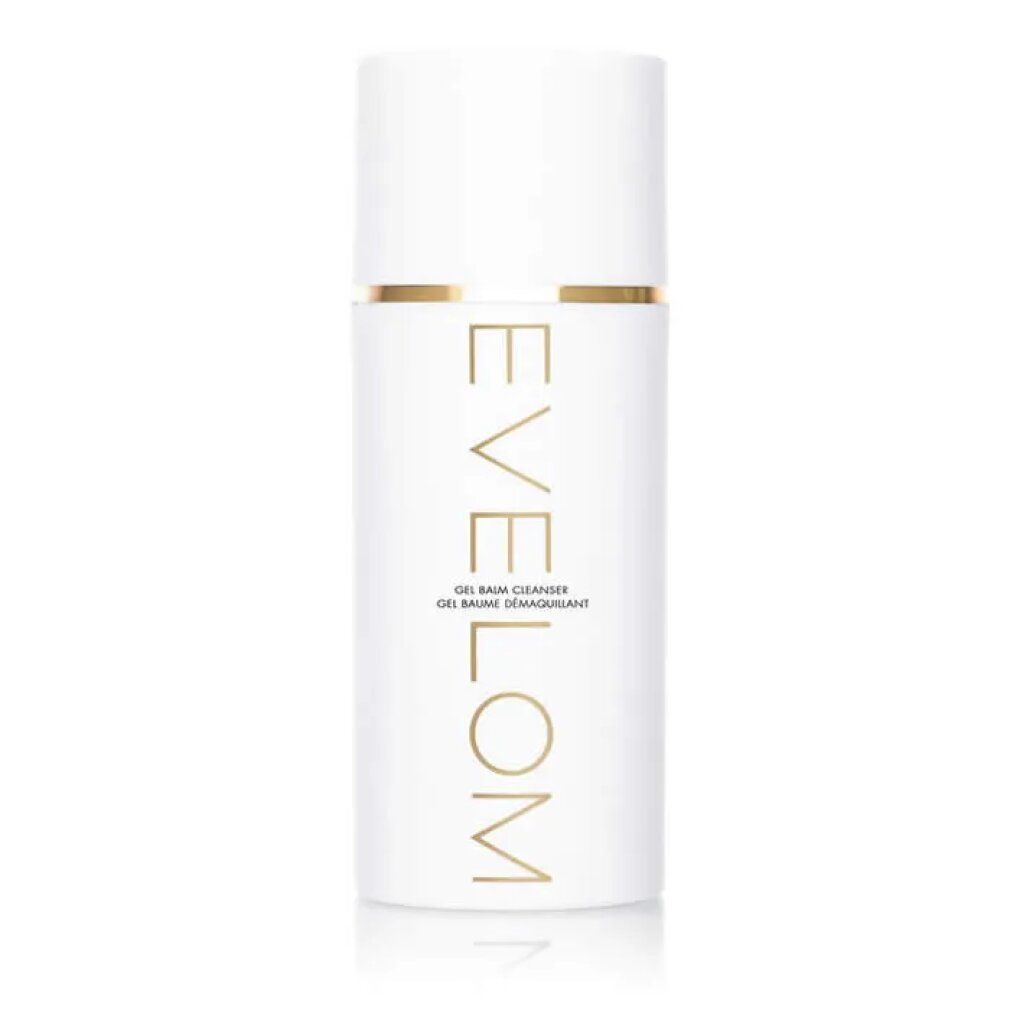 Contenitore cilindrico bianco con dettagli dorati. Scritta: EVE LOM, GEL BALM CLEANSER, GEL BAUME DÉMAQUILLANT.