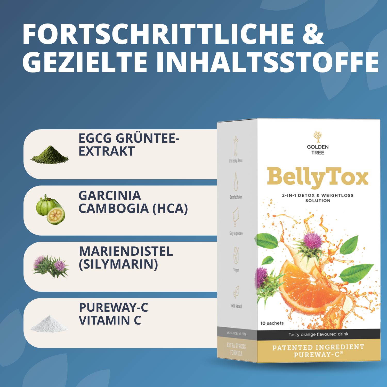 Scatola Golden Tree BellyTox con motivo arancia e cardo, 10 bustine.