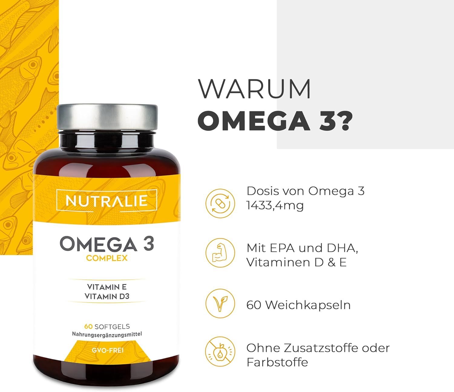 Nutralie Omega 3 capsule con infografica. Scritta: Omega 3 Complex, Vitamina E, Vitamina D3, 60 softgels. Senza additivi.