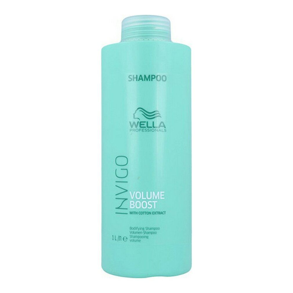Flacone di shampoo turchese con tappo bianco. Scritta: INVIGO, VOLUME BOOST, Wella. 1L.