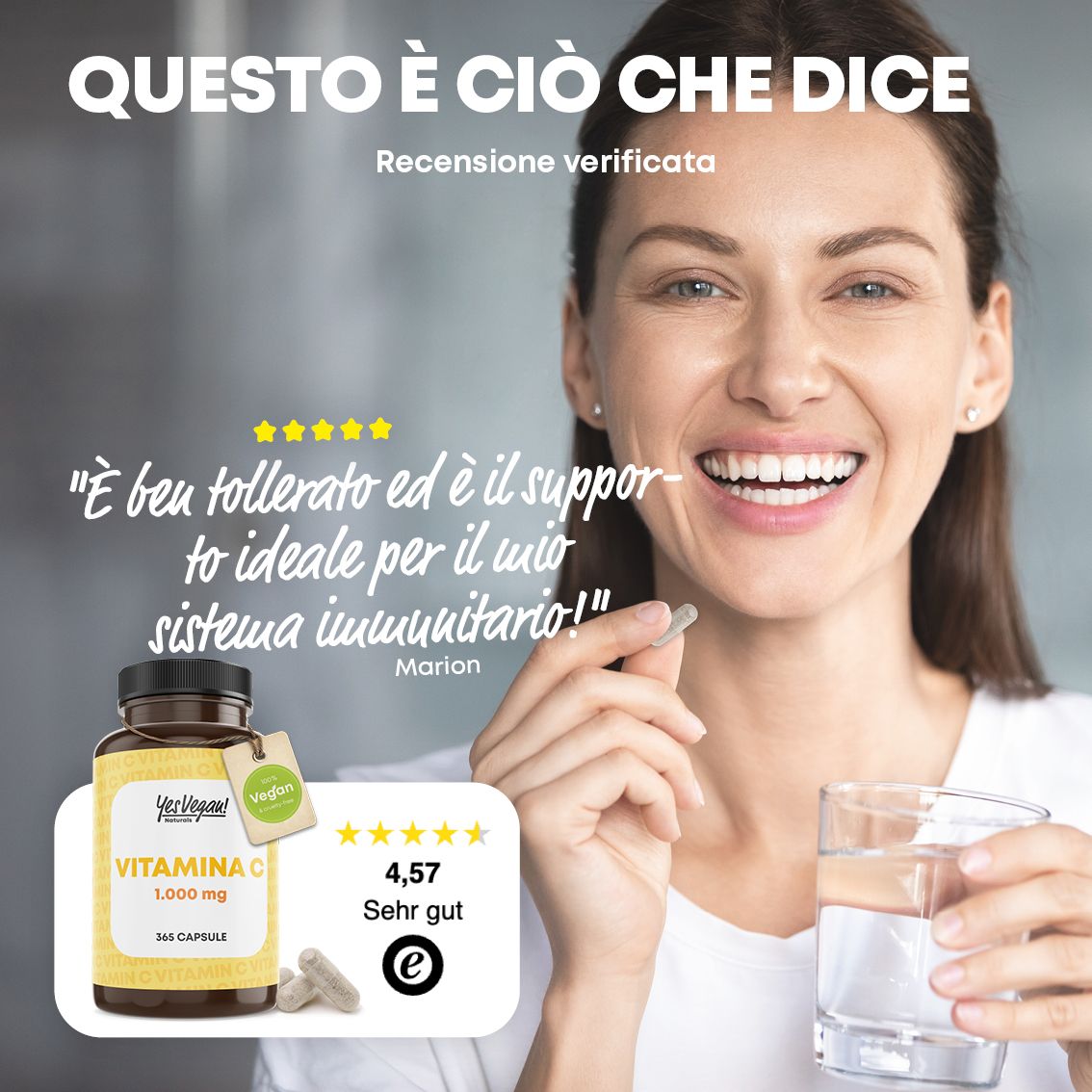 Flacone da 365 capsule vegane di Vitamina C, 1000 mg. Scorta annuale.