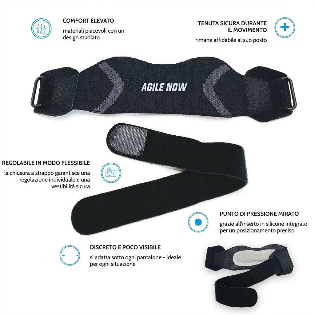 Ginocchiera nera con chiusura in velcro. Testo: AGILE NOW. Diagrammi con testi: REGOLABILE IN MODO FLESSIBILE, PUNTO DI PRESSIONE MIRATO.
