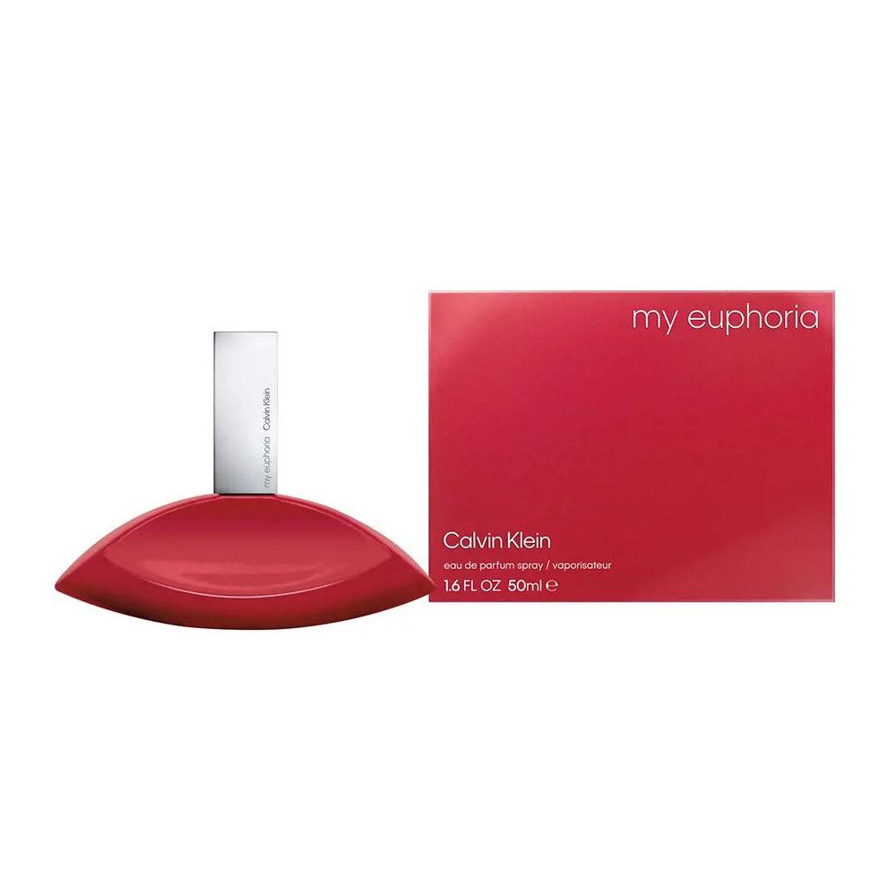 Flacone e confezione rossi. Flacone a forma di goccia con tappo argentato. Confezione con scritta "my euphoria" e "Calvin Klein".