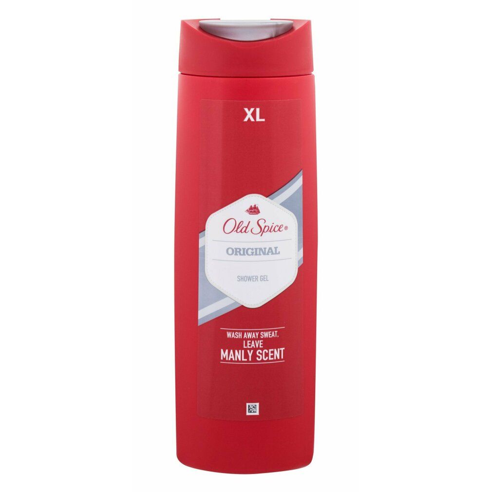 Flacone di gel doccia rosso con "XL" in alto. "Old Spice Original" e "Shower Gel" sull'etichetta. "Wash away sweat, leave manly scent".
